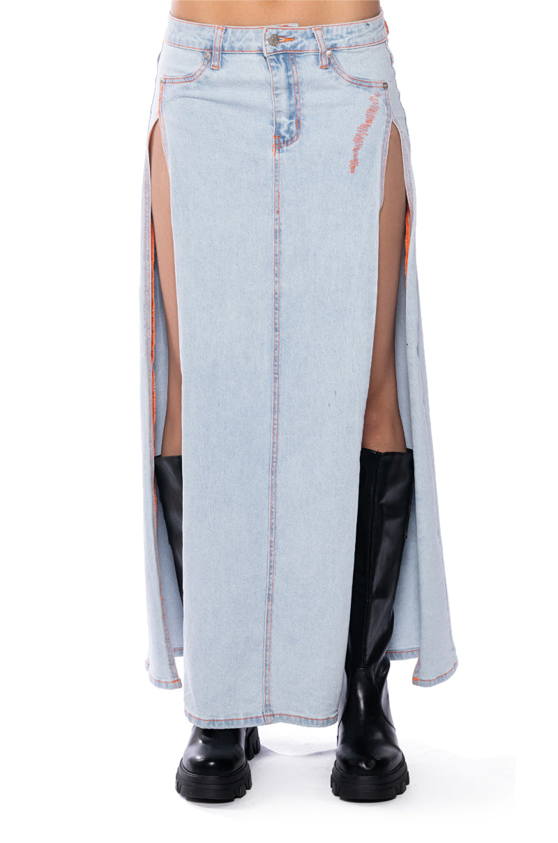 MIA DOUBLE SLIT MAXI DENIM SKIRT
