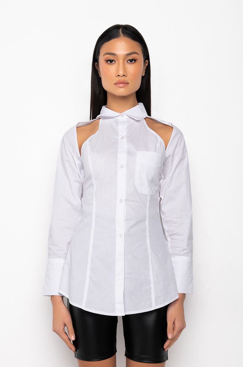 MISS CEO CUTOUT LONG SLEEVE POPLIN BLOUSE
