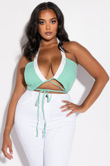 MODERN ART WRAP FRONT POPLIN HALTER CROP TOP