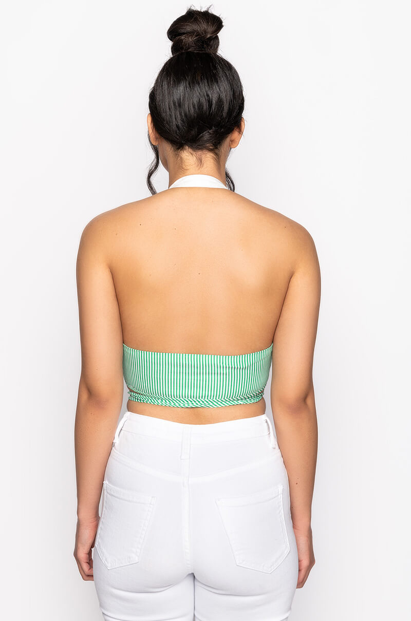 MODERN ART WRAP FRONT POPLIN HALTER CROP TOP