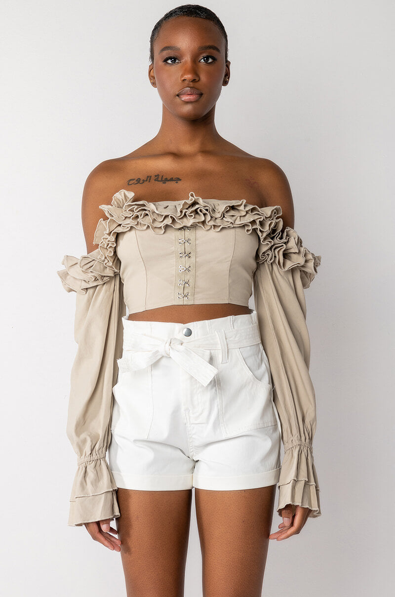 MODERN ROMANCE RUFFLE OFF THE SHOULDER CROPPED BLOUSE