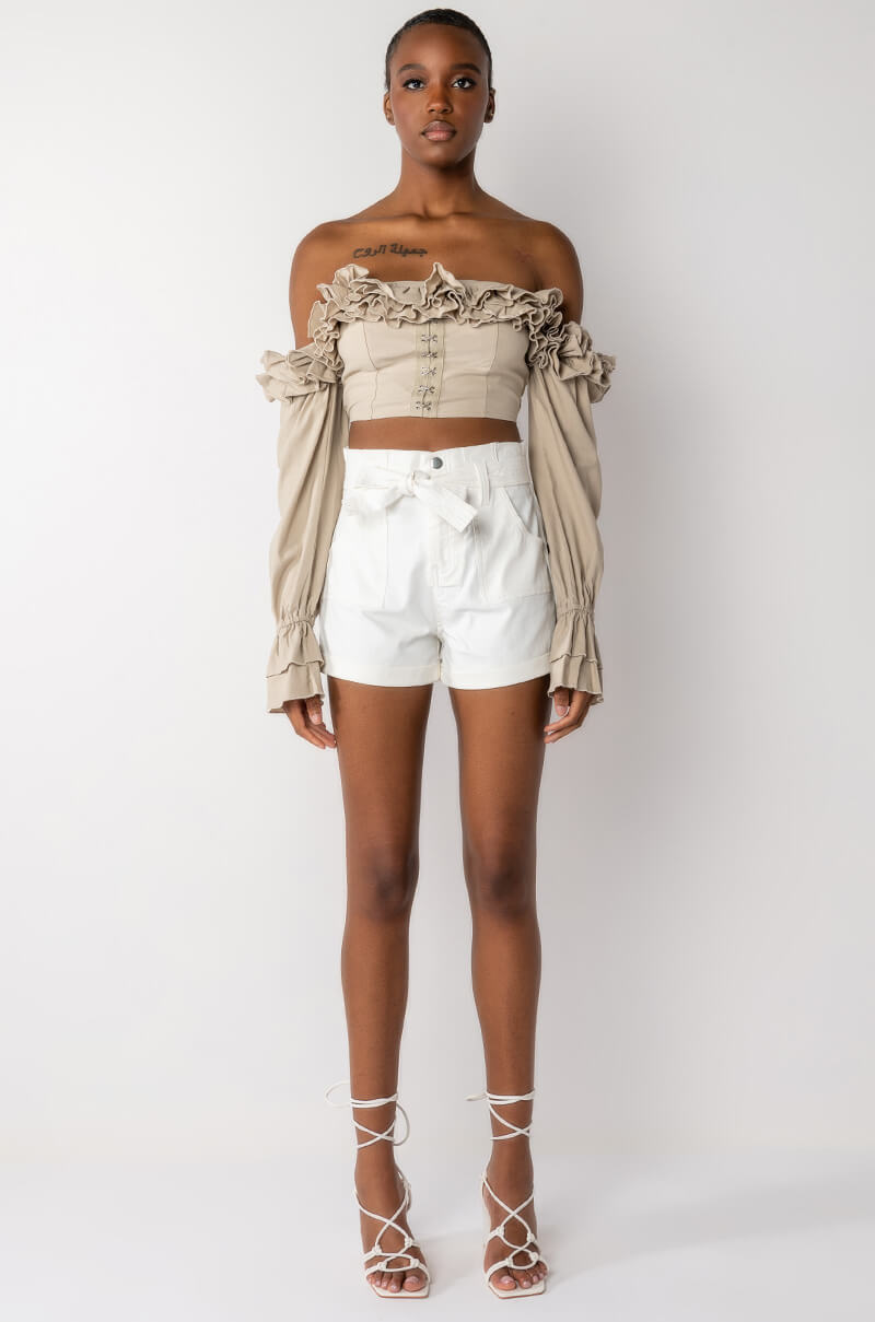 MODERN ROMANCE RUFFLE OFF THE SHOULDER CROPPED BLOUSE
