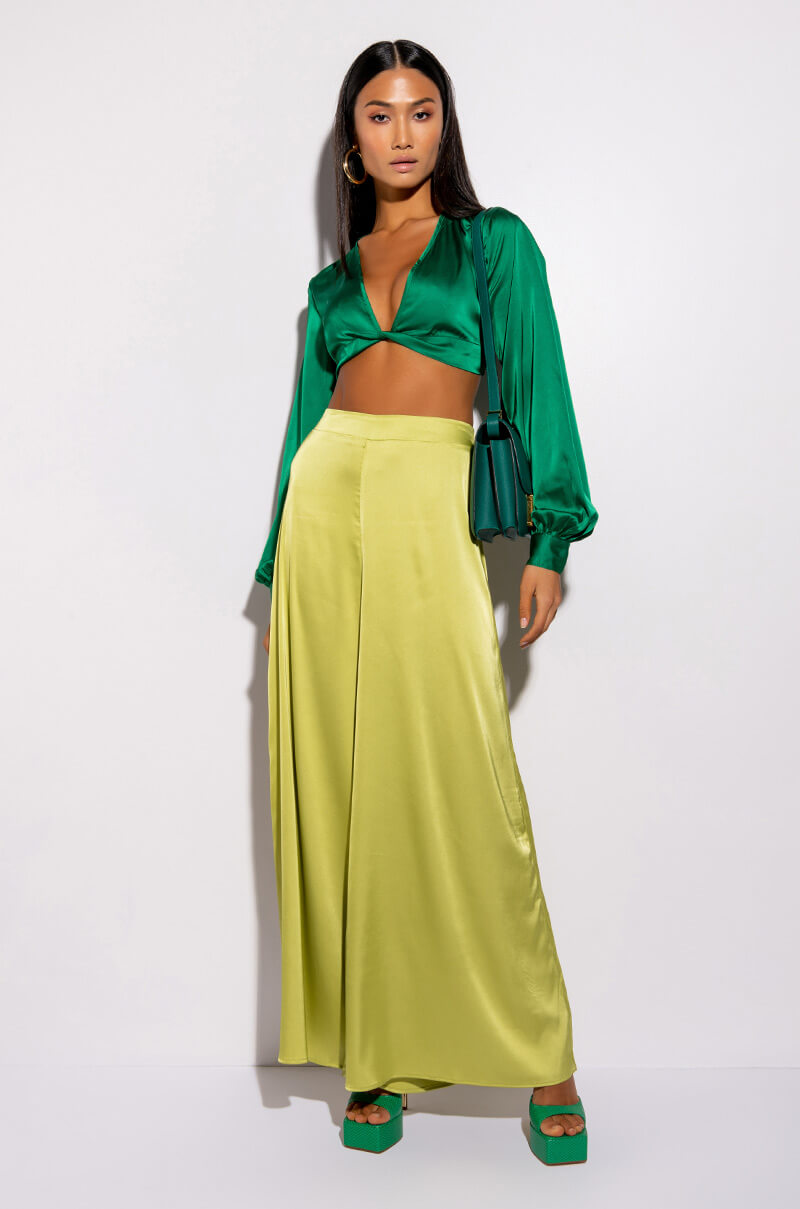 MONEY IS THE MOTIVE SATIN TWIST FRONT CROPPED BLOUSE