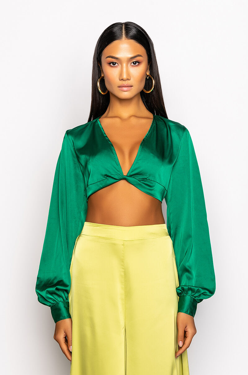MONEY IS THE MOTIVE SATIN TWIST FRONT CROPPED BLOUSE