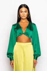 MONEY IS THE MOTIVE SATIN TWIST FRONT CROPPED BLOUSE