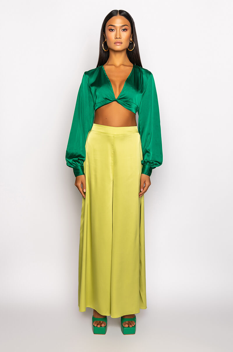 MONEY IS THE MOTIVE SATIN TWIST FRONT CROPPED BLOUSE