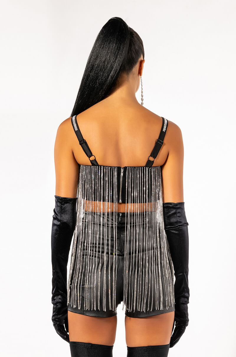 MOONCATCHER RHINESTONE FRINGE SLEEVELESS CROPPED BLOUSE