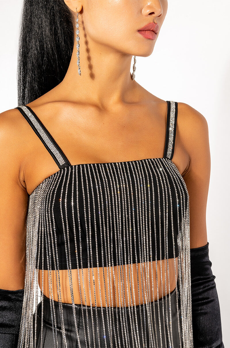 MOONCATCHER RHINESTONE FRINGE SLEEVELESS CROPPED BLOUSE