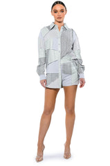 MULTI GREY PATCHWORK BUTTON DOWN BLOUSE