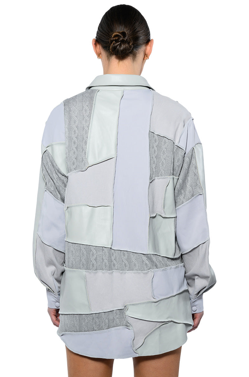 MULTI GREY PATCHWORK BUTTON DOWN BLOUSE