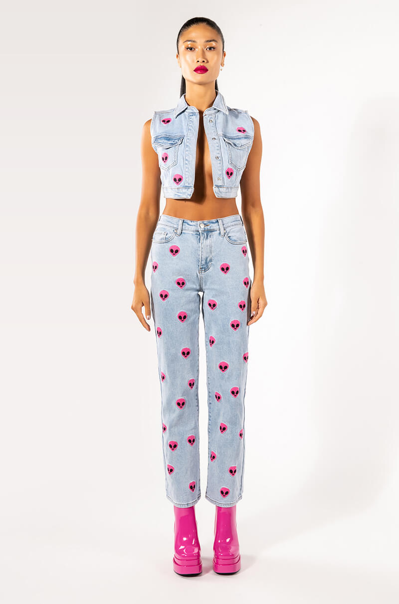 NEBULA PATCHED HIGH WAISTED WIDE LEG JEANS