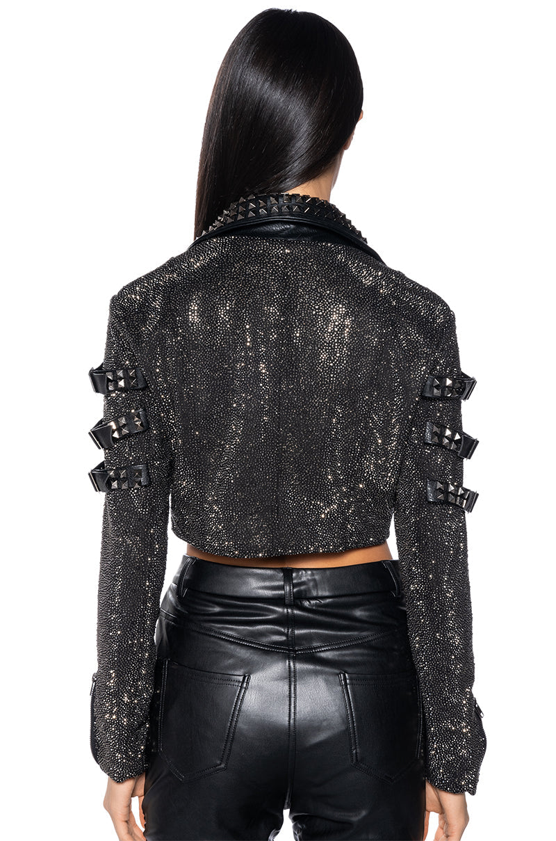 NEFELI LUXE RHINESTONE STUD MOTO JACKET