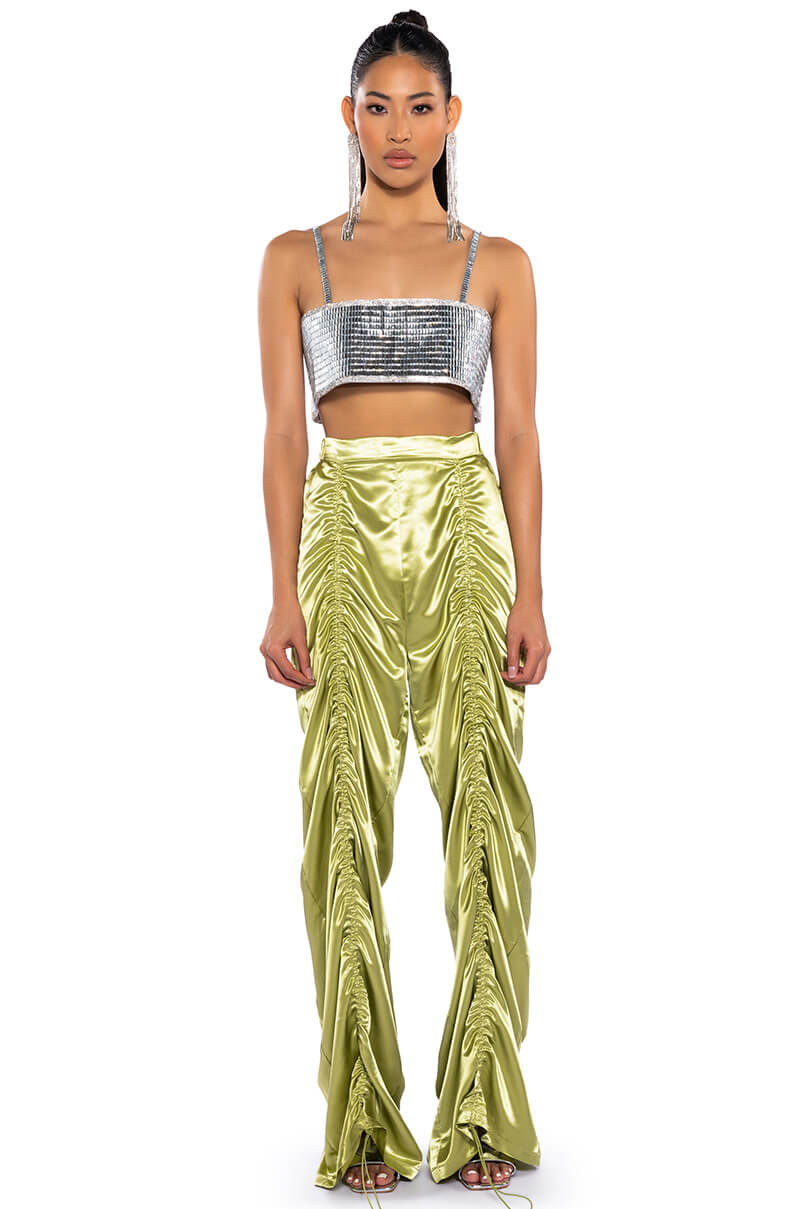 NEVER REGULAR CINCHED SATIN HIGH RISE PANTS