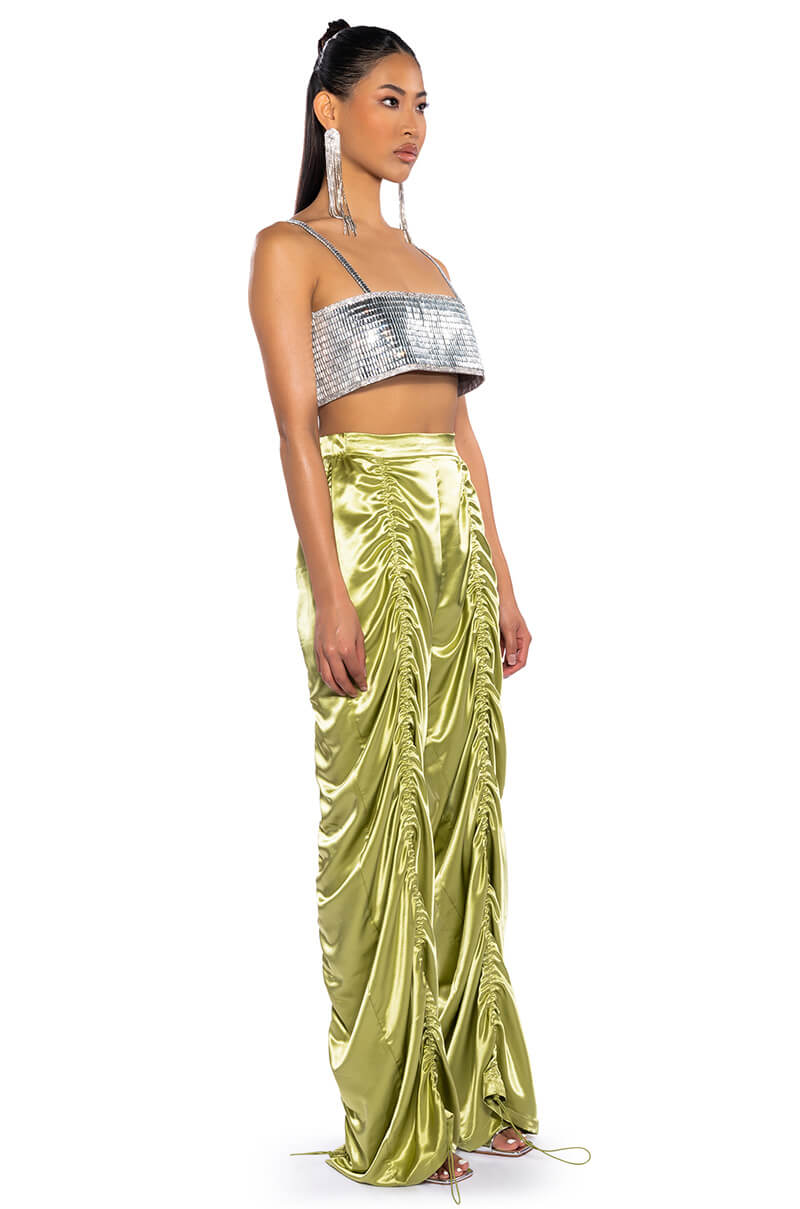 NEVER REGULAR CINCHED SATIN HIGH RISE PANTS