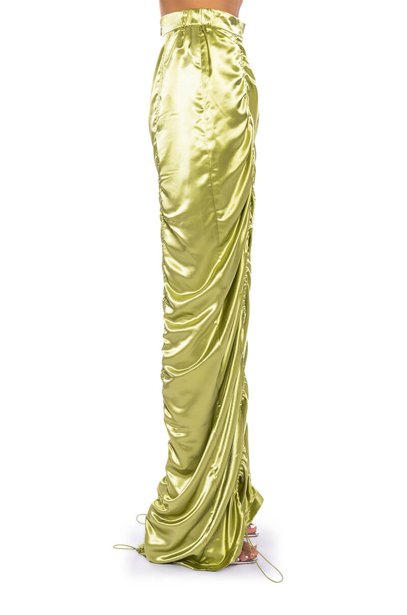NEVER REGULAR CINCHED SATIN HIGH RISE PANTS