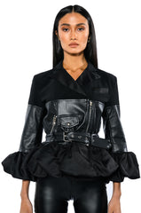 THREE QUARTER BELL SLEEVE MOTO JACKET WITH PU PANEL