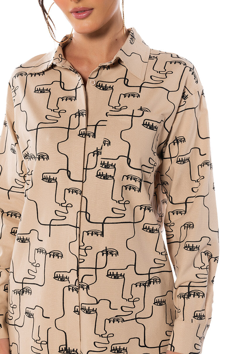 NEW SOCIETY PRINTED BUTTON DOWN TOP