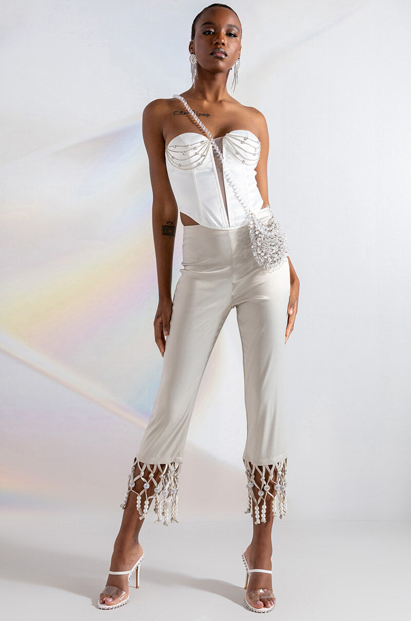 NEXT STOP CANNES BEADED TRIM HIGH WAIST SATIN PANT