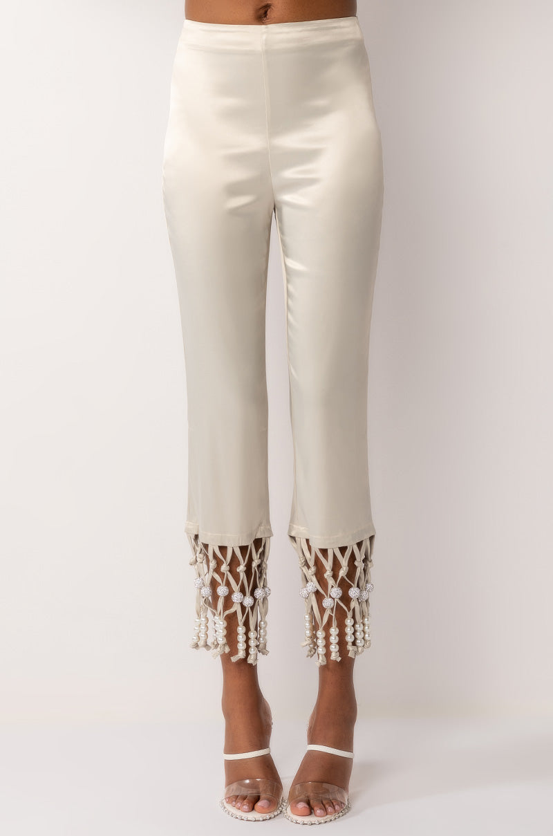NEXT STOP CANNES BEADED TRIM HIGH WAIST SATIN PANT