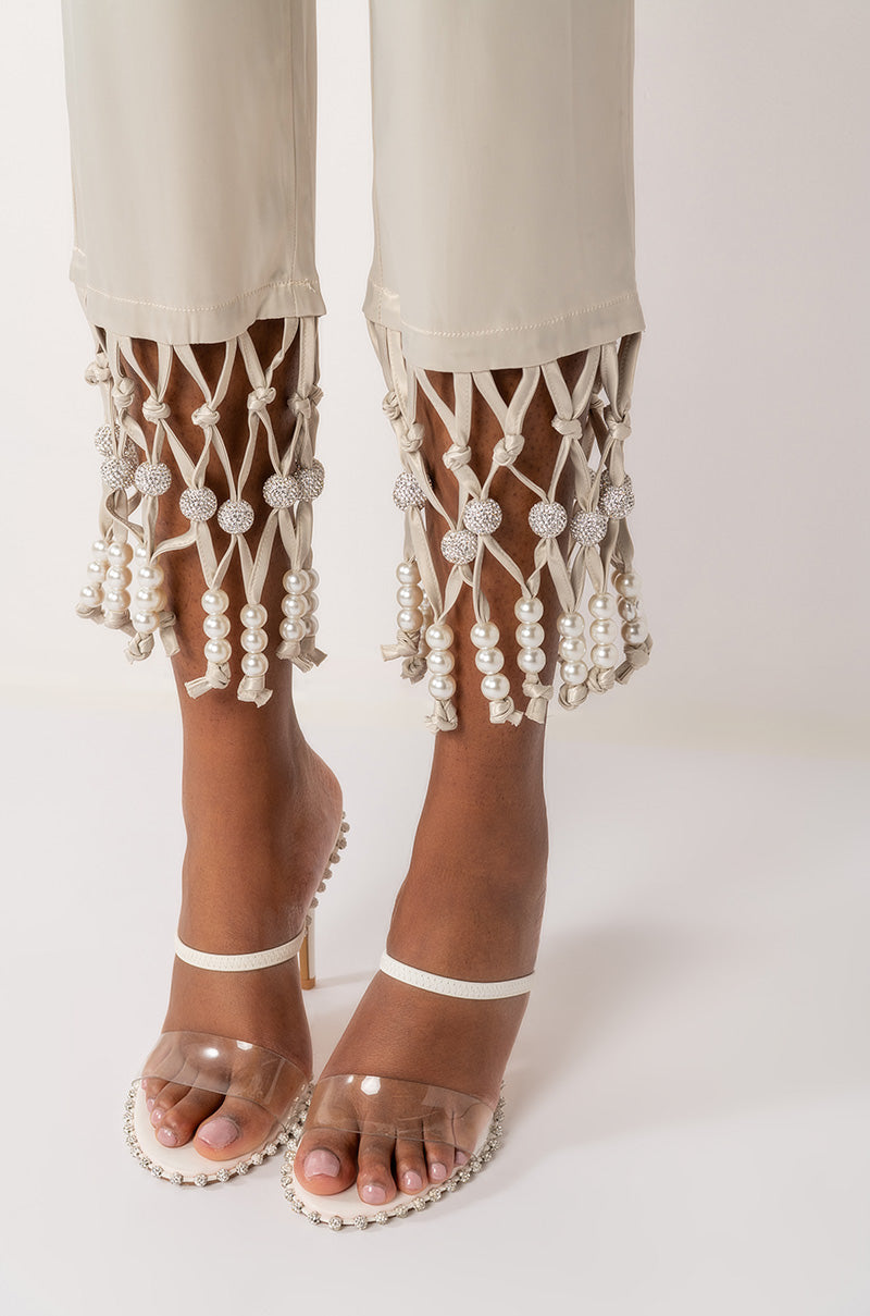 NEXT STOP CANNES BEADED TRIM HIGH WAIST SATIN PANT