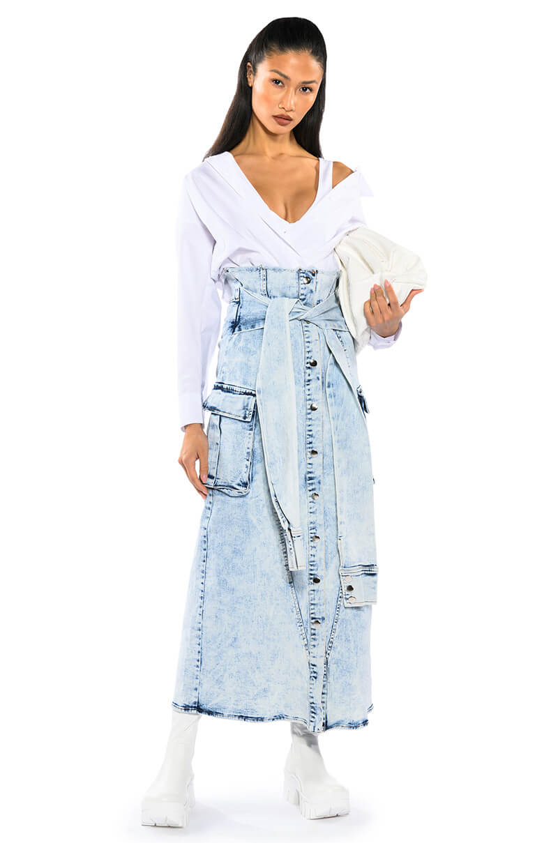 NEXT UP BLEACHED DENIM MAXI SKIRT