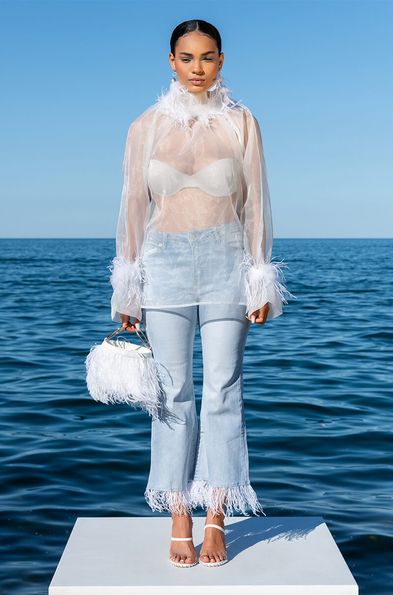 NICE TO MEET YOU FEATHER TRIM LONG SLEEVE ORGANZA BLOUSE