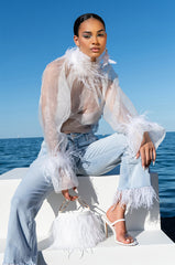 NICE TO MEET YOU FEATHER TRIM LONG SLEEVE ORGANZA BLOUSE