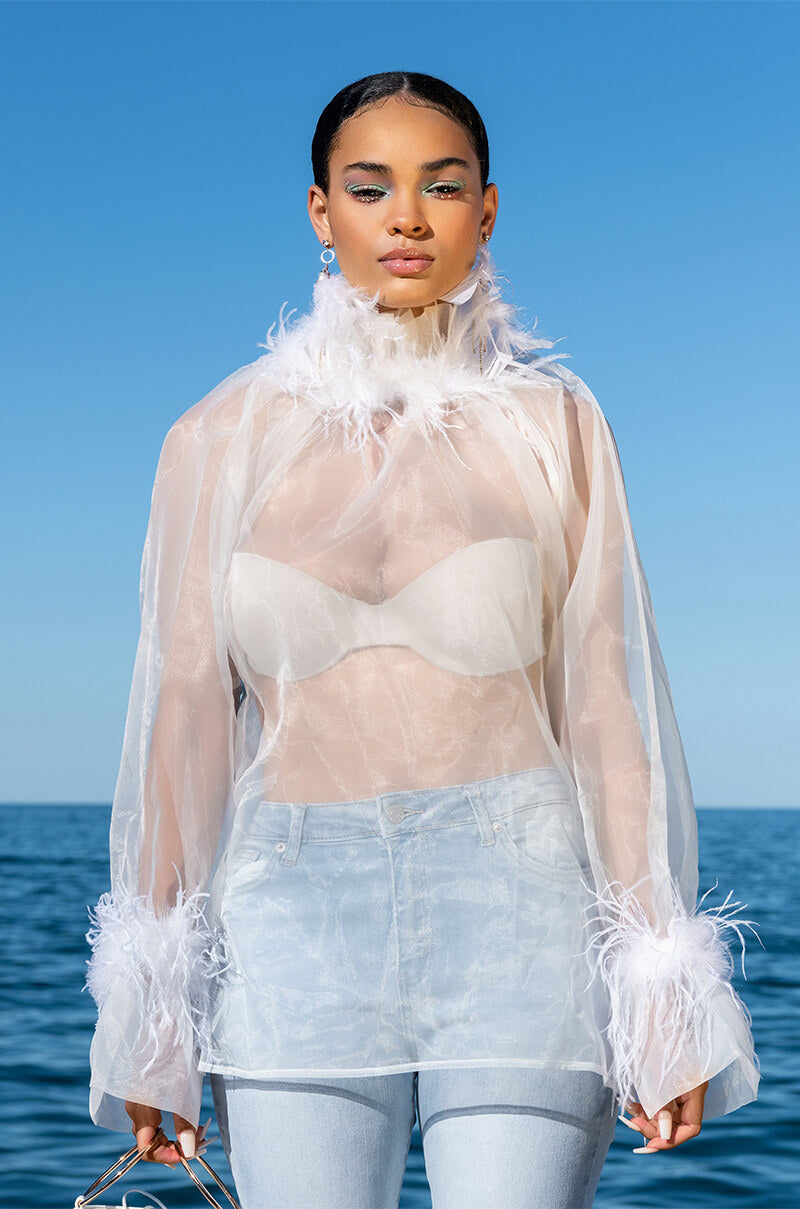 NICE TO MEET YOU FEATHER TRIM LONG SLEEVE ORGANZA BLOUSE