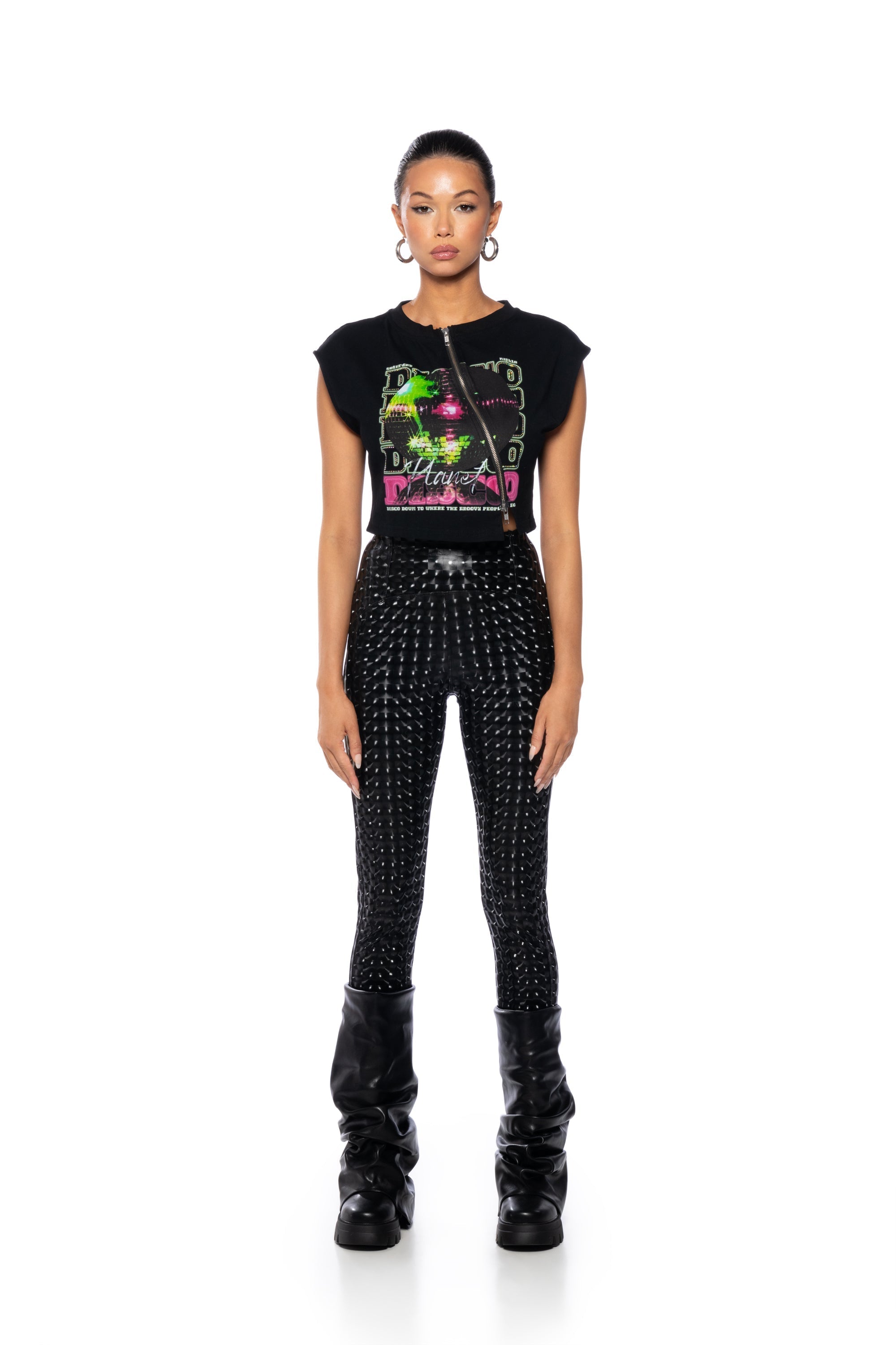 NIGHT AT THE DISCO ZIPPER DETAIL CUT OFF SWEATSHIRT