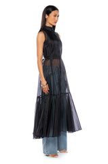 FITTED BUTTON DOWN PLEATED SHEER DUSTER