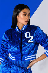 NO CAP CROPPED SATIN VARSITY BOMBER