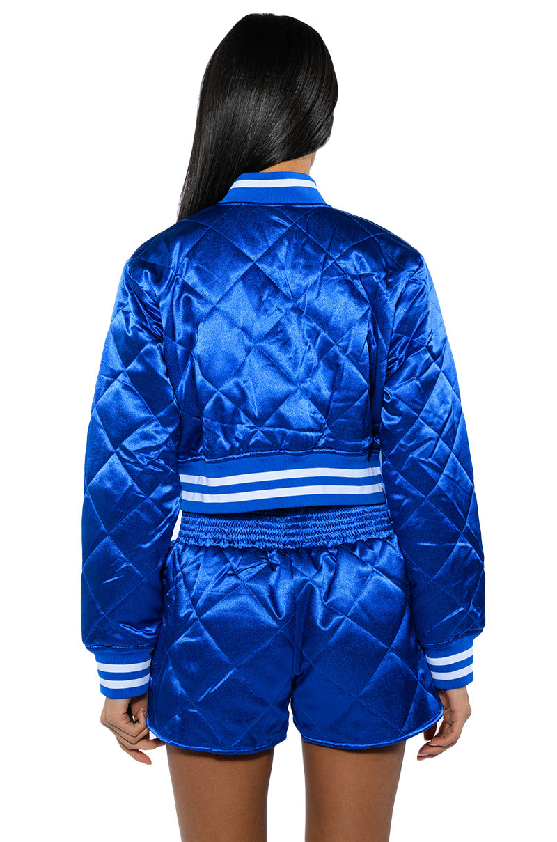 NO CAP CROPPED SATIN VARSITY BOMBER