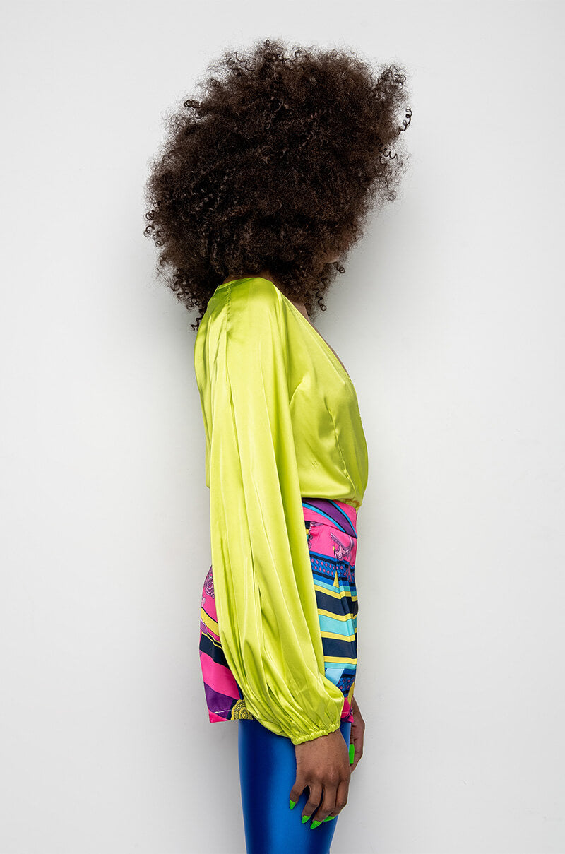 NO PICTURES PLEASE WRAP FRONT LONG SLEEVE SATIN BODYSUIT