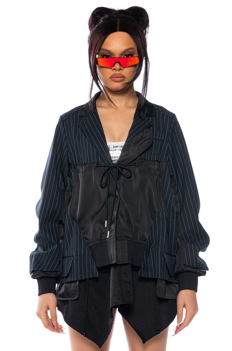 NOT JUST ANYBODY PINSTRIPE BOMBER