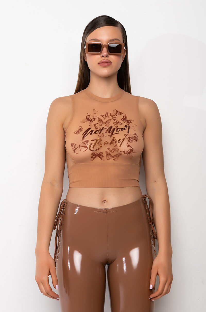 NOT YOUR BABY TIE BACK SLEEVELESS MESH CROP TOP