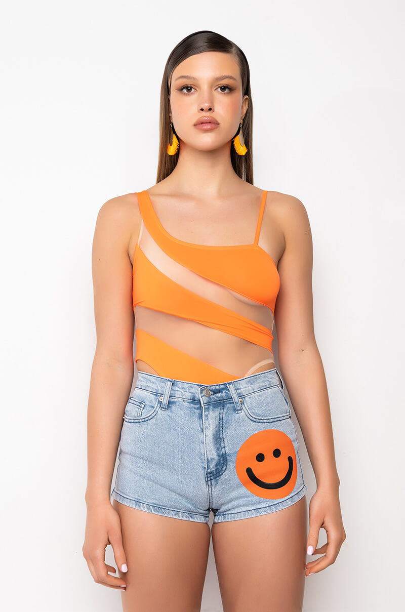 NOW YOU SEE ME ONE SHOULDER MESH PANEL BODYSUIT
