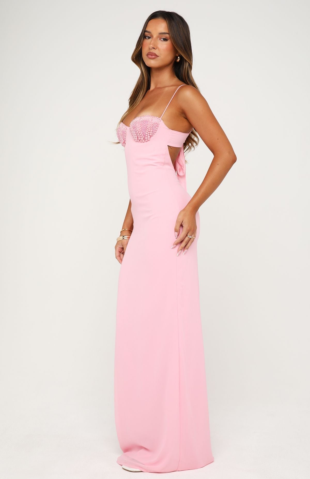 Motel Mermaid Beaded Maxi Dress Candy Pink