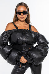 OFF SHOULDER PUFFER PU JACKET