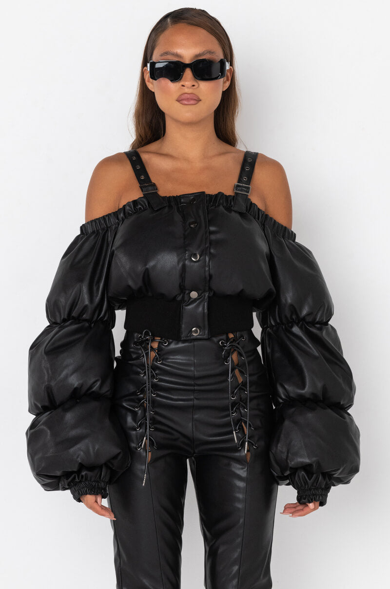OFF SHOULDER PUFFER PU JACKET