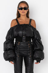 OFF SHOULDER PUFFER PU JACKET