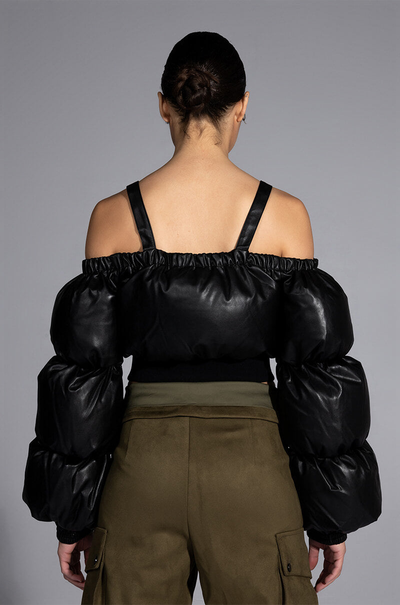OFF SHOULDER PUFFER PU JACKET