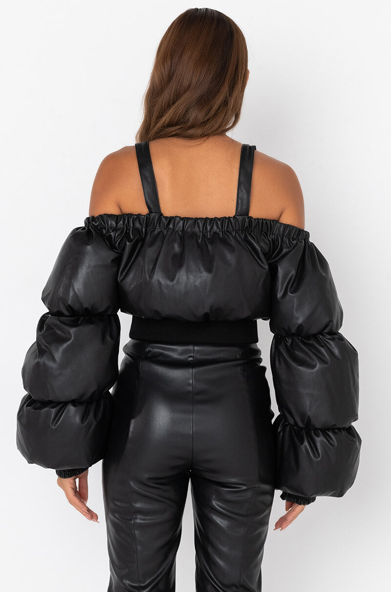 OFF SHOULDER PUFFER PU JACKET