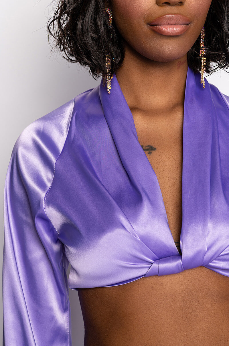 ON MY LEVEL TWIST FRONT SATIN CROP BLOUSE