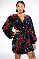 ON MY TIME SEQUIN WRAP MINI DRESS