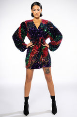 ON MY TIME SEQUIN WRAP MINI DRESS
