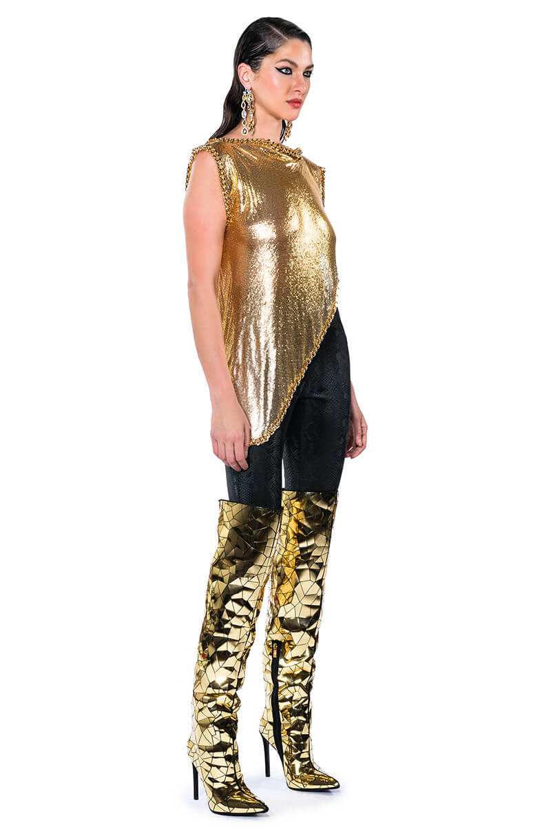 ON THE ROCKS SHORT SLEEVE ASYMMETRICAL CHAINMAIL BLOUSE