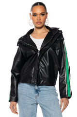 ON YOUR MARKS FAUX LEATHER HOODED JACKET