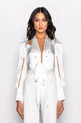 ONE TIME THING LONG SLEEVE TIE FRONT SATIN BODYSUIT