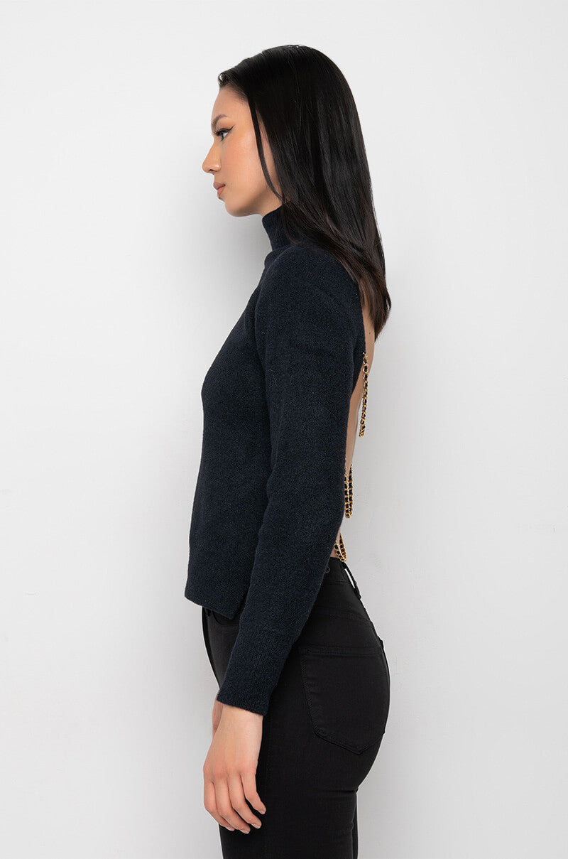 OPEN BACK CHAIN DETAIL MOCK NECK SWEATER