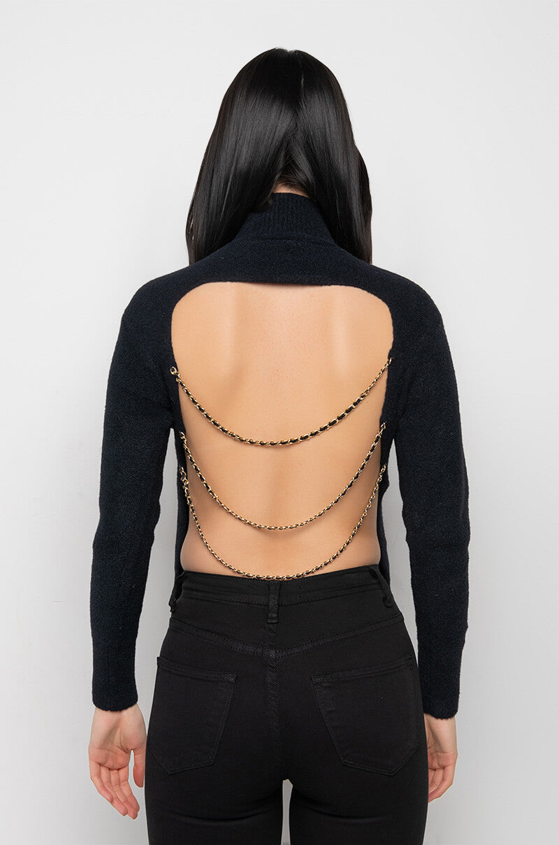 OPEN BACK CHAIN DETAIL MOCK NECK SWEATER